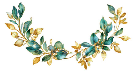Naklejka premium Golden Leaves Arrangement: A graceful display of golden and teal leaves gracefully adorns, its vibrant colors and elegant form offering a touch of natural beauty and decorative charm.
