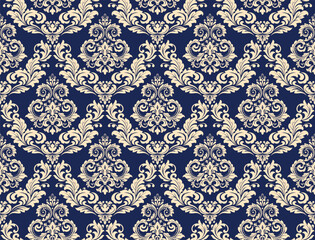 Fototapeta na wymiar Floral pattern. Seamless vector background. Vintage wallpaper in the Baroque style. Golden and dark blue ornament for fabric, wallpaper, packaging. Ornate Damask flower illustration