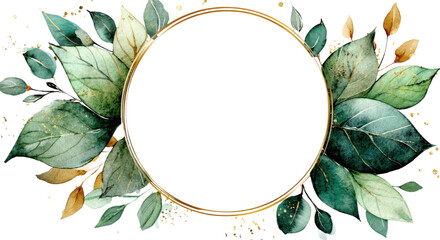 Green Leaf Frame with Gold Circle: An elegant artistic layout features a verdant array of leafy green plants, delicately encircling a blank golden round frame for text.