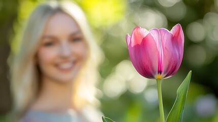 Fototapeta premium A Purple Tulip and a Blurry Woman in the Background