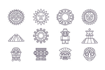 Inti Raymi Vector Icon Set. Inca Culture Line Art of Sun God, Rituals, Andean Traditions, Ancient Symbols and Festive Illustrations for Heritage and History Themes