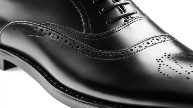 Polished black leather brogue shoe detail