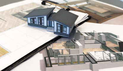 Architect workplace top view. Architectural project, blueprints, blueprint rolls on table....