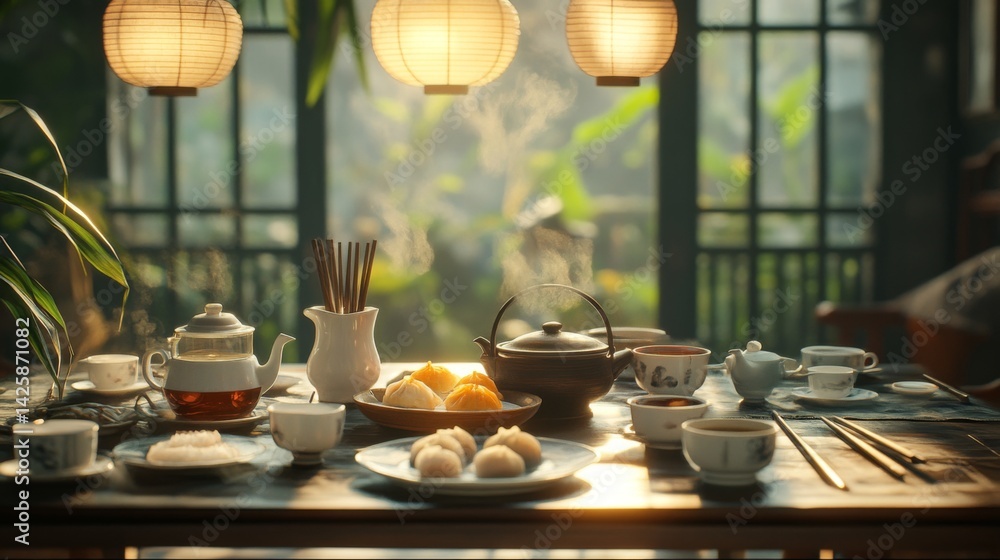 Poster A high-resolution photo of a traditional dim sum table with an assortment of  and , surrounded by chopsticks and tea cups for an authentic dining experience.
