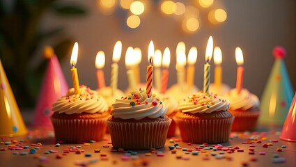 Festive cupcakes with candles blurred background