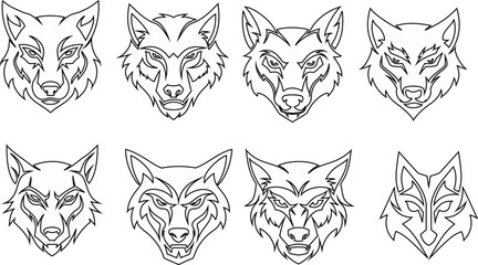 Wolf head line vector icon set, flat design collection, wild animal symbols, fierce predator logos, canine illustrations, mascot outline graphic bundle. pack