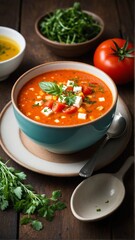 A Bowl of Homemade Tomato Soup with Fresh Basil and Feta Cheese Ready to Eat on Rustic Wood