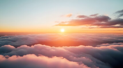 A breathtaking view above the clouds during sunrise, with golden sunlight gently. Concepts :  tranquility, peace, spirituality, hope, beginnings, freedom, elevation, nature’s beauty.