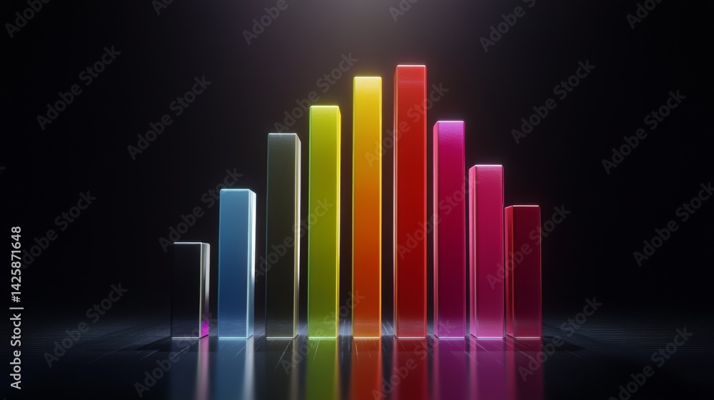 Poster a high-tech d bar graph with sharp, colorful bars representing market performance, with soft lightin