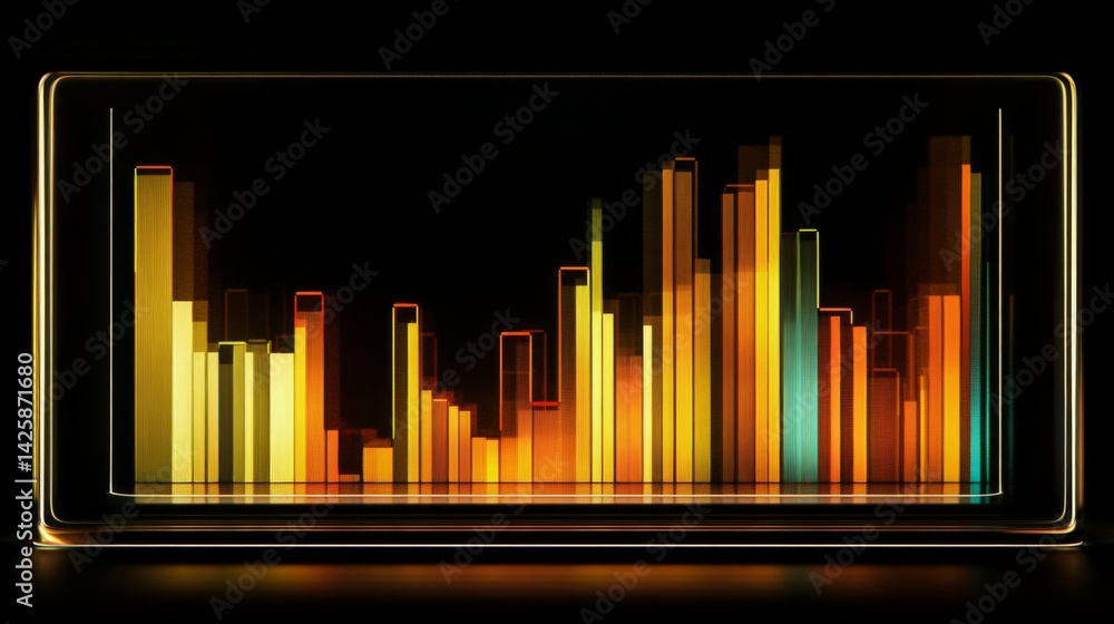 Poster a high-tech digital screen showing a financial bar graph with rising bars, representing stock market