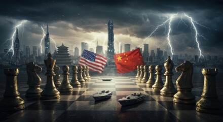 Symbolic Chessboard Depicting Tensions Between United States and China with Dark Stormy Background