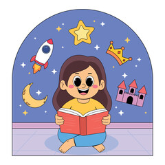 Cute Girl Reading Book With Imagination