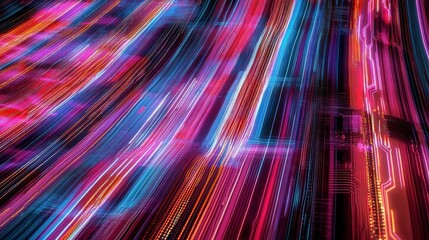 Colorful flowing light trails illuminating a digital technology scene