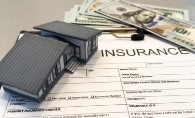 Real estate agent are pointing to insurance contract signing and are explaining to customers at the...