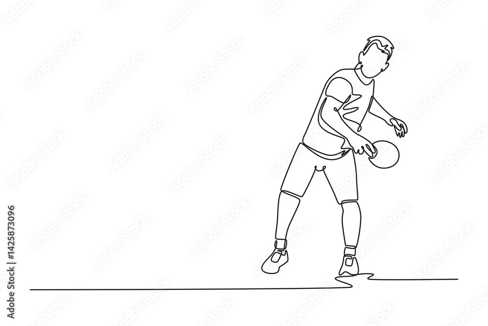 Poster single one line drawing male table tennis player hitting the ball with precision and big power. perf