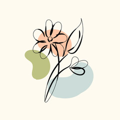 Abstract Line Art Flower with Pastel Shapes Botanical Illustration