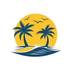 Tropical beach sunset, palm trees, ocean wave, vacation