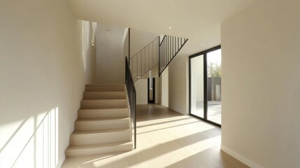 Obraz premium A light-filled hallway featuring a minimalist staircase with light-colored wooden steps, a subtle black railing, and a spacious, open design