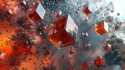 Abstract artistic composition of floating cubes in a vibrant space