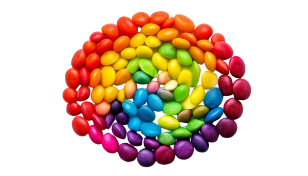 A vibrant and colorful arrangement of rainbow candy pieces, meticulously organized in concentric circles by hue, displayed on a black background to enhance the bright and glossy appearance Png - Powered by Adobe