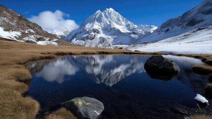 Mountain reflection in serene alpine lake.  A tranquil alpine lake, mirroring a majestic snow-capped peak and surrounding clouds.  The reflection is crisp and clear,
