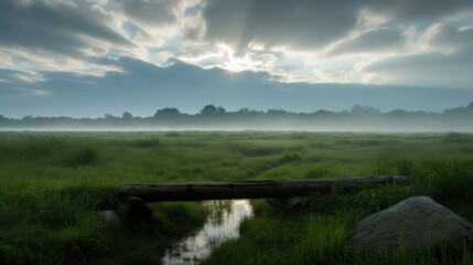 Fototapeta premium Serene landscape with misty morning light and tranquil stream