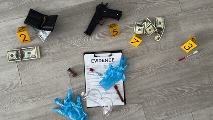 Evidences and crime scene markers on light grey marble background, flat lay
