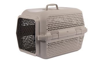 Blue plastic pet carrier with ventilation slats and an open wire door, portable travel crate for cats, small dogs, and small pets, isolated on white background.
