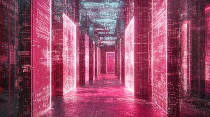 Cyberpunk corridor with illuminated walls and a digital architecture