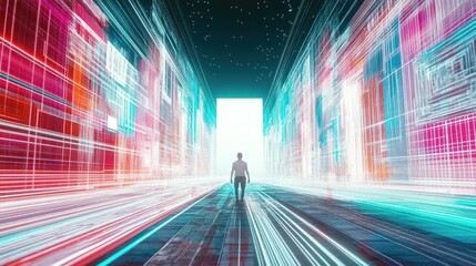 A person walks toward the bright light in a digital city