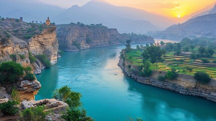 Fototapeta premium Indus River snaking through rugged Himalayan valleys with turquoise waters contrasting against jagged cliffs and ancient terraced farmlands along the banks