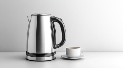 Modern stainless steel electric kettle and coffee cup on a white surface