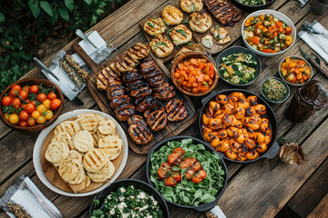 Fototapeta premium Summer Barbecue Feast on Rustic Table. A top-down shot of a diverse and mouthwatering barbecue feast on a rustic wooden table, with an array of grilled meats and fresh vegetable sides.