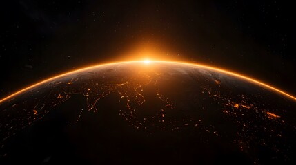Fototapeta premium A breathtaking view of Earth from space, showcasing city lights scattered across the planet's dark surface as the sun rises on the horizon, casting a warm, golden glow across the atmosphere.