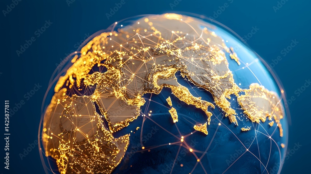 Poster the image shows a stylized globe focusing on europe and the mediterranean, with glowing golden nodes
