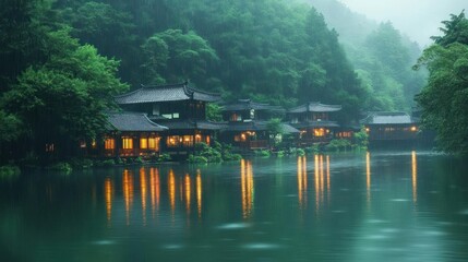 Misty rain reflecting on a tranquil Asian village nestled by a calm lake