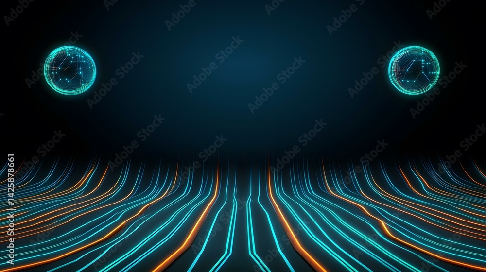 Poster the image contains a dark background with two glowing teal spheres at the top, each with internal or