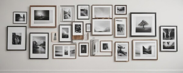 Modern gallery wall, diverse frames, blank & filled, white background,  home,  customizable,  empty frames