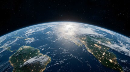 A breathtaking view of Earth from space, showcasing the intricate network of interconnected lights across continents, set against the backdrop of a star-studded night sky.