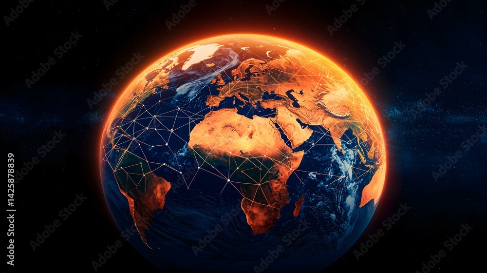 Aufkleber the image shows a glowing earth with a network of interconnected lines illustrating global connectiv