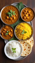 A delicious and diverse Indian cuisine spread featuring flavorful curry, fluffy rice, and warm flatbreads, all presented beautifully on a platter.