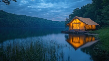 Fototapeta premium Serene lakefront campsite at twilight