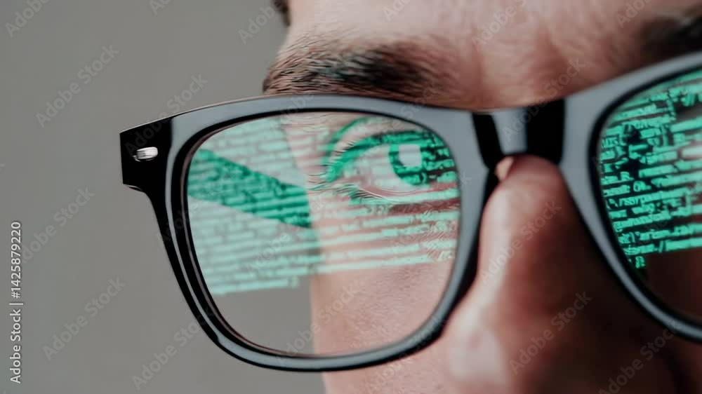 Poster Augmented reality glasses display lines of code reflected in the lenses as a programmer works, showcasing a futuristic approach to software development