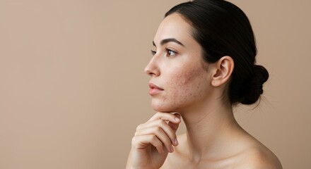 Young woman with problematic skin showing acne, blemishes in profile view on beige background, hand on chin. Skincare, dermatology. Acne treatment, healing solutions problem skin
