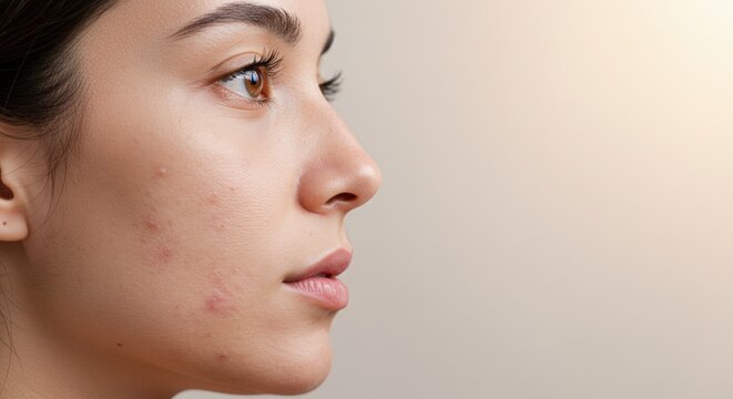 Young woman with mild acne, blemishes in profile view on beige background. beauty portrait. Skincare, dermatology . Acne treatment, anti-inflammatory, healing solutions for hormonal skin issues.