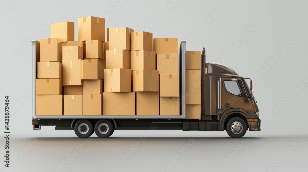 Poster a brown delivery truck packed with cardboard boxes of varying sizes slightly overflowing against a s
