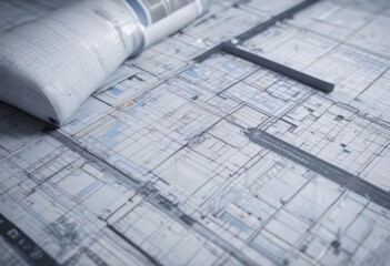 Blueprint photo mockup; grid overlay, architectural design, construction, engineering, technical drawing, plan,  technical,  scheme