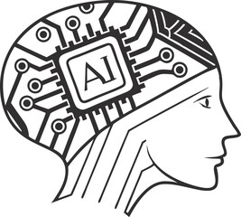 Brain icon, Al chip, neural network, digital mind, black and white illustration, simple design, technology concept, artificial intelligence symbol vector illustration