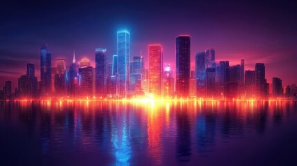 Vibrant city skyline at dusk, neon glow reflecting on water