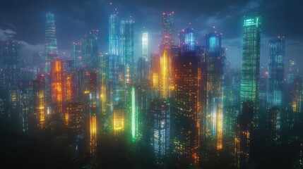 Futuristic city skyline at night, vibrant neon lights